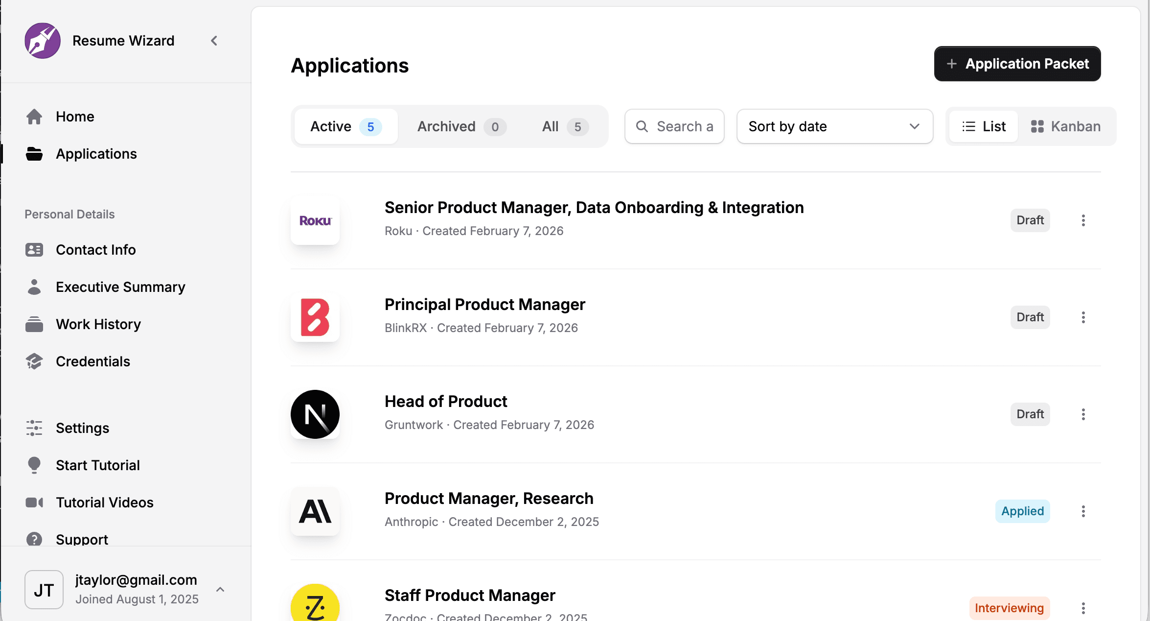 Application workspace with interview preparation and next actions