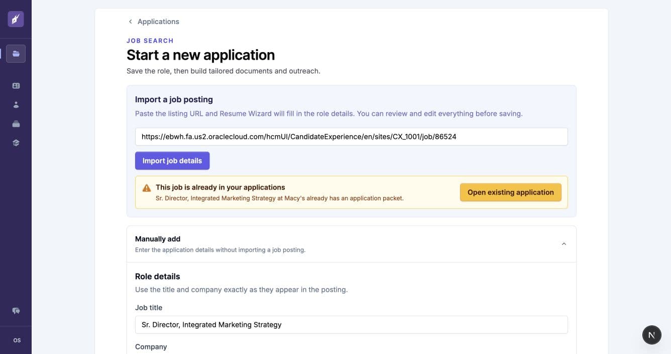 Job import screen identifying a duplicate application