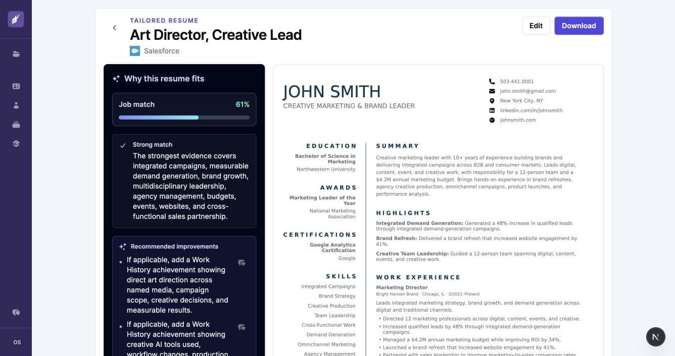Tailored resume beside a panel explaining why the resume fits the role