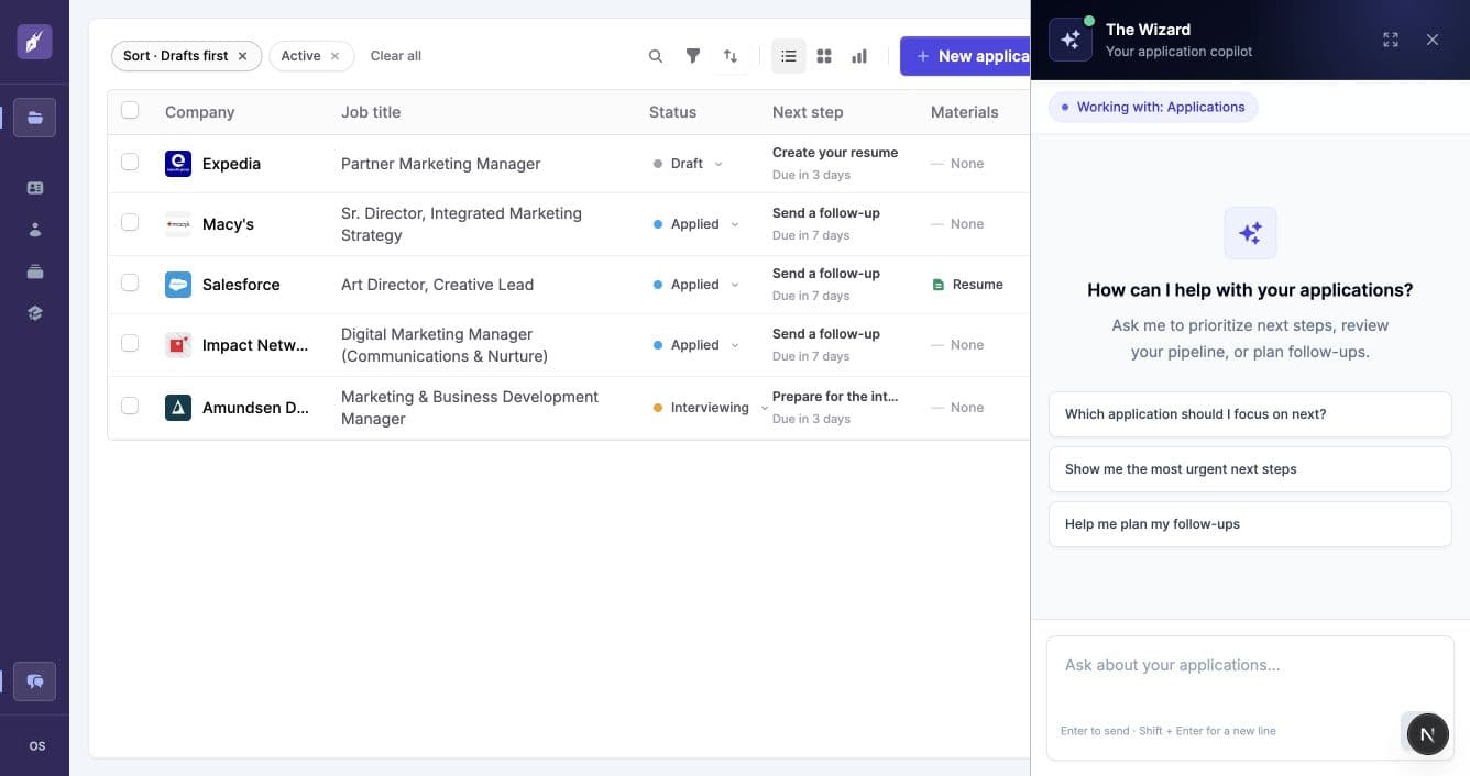 The Wizard chat panel open beside the applications list